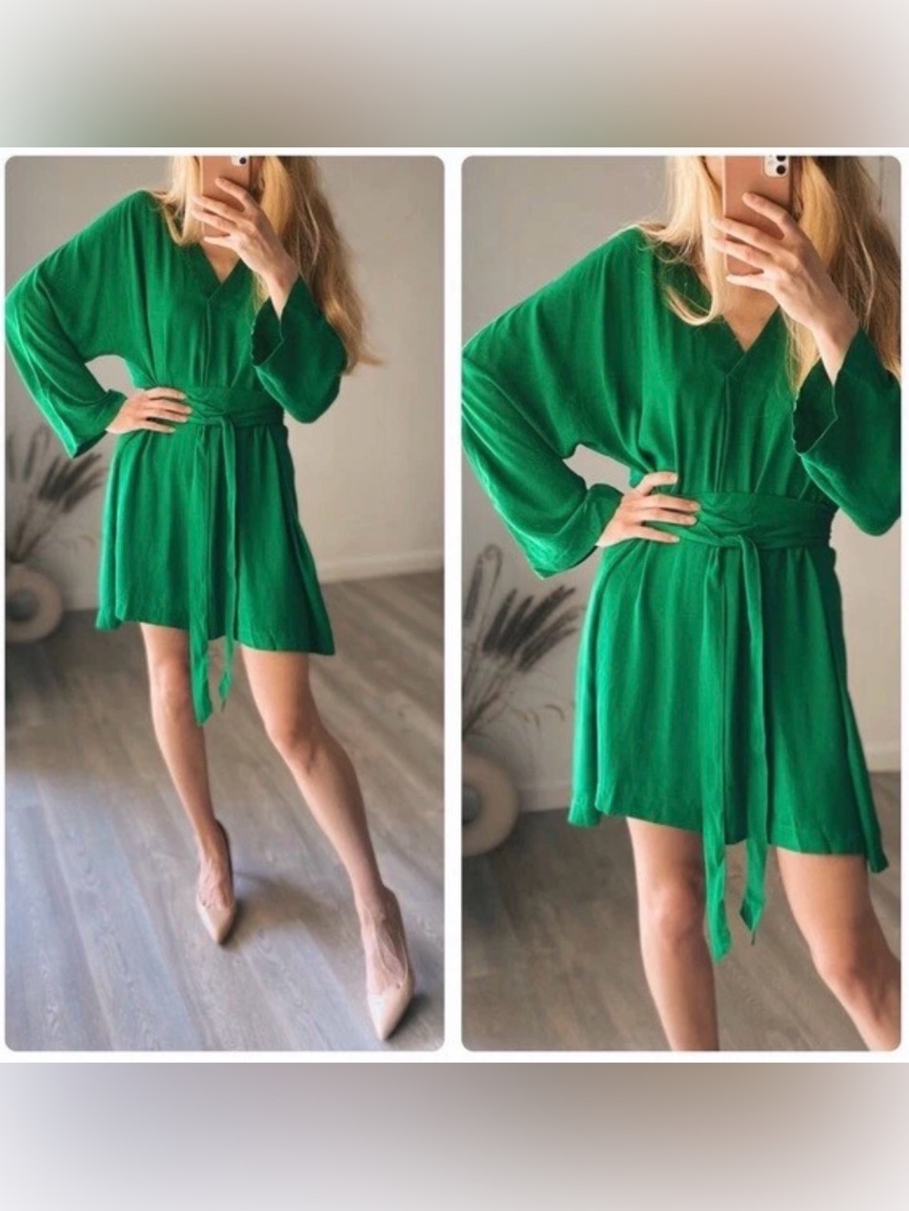 H&M Vibrant 100% viscose Green V-Neck Belted Mini Dress kaftan
